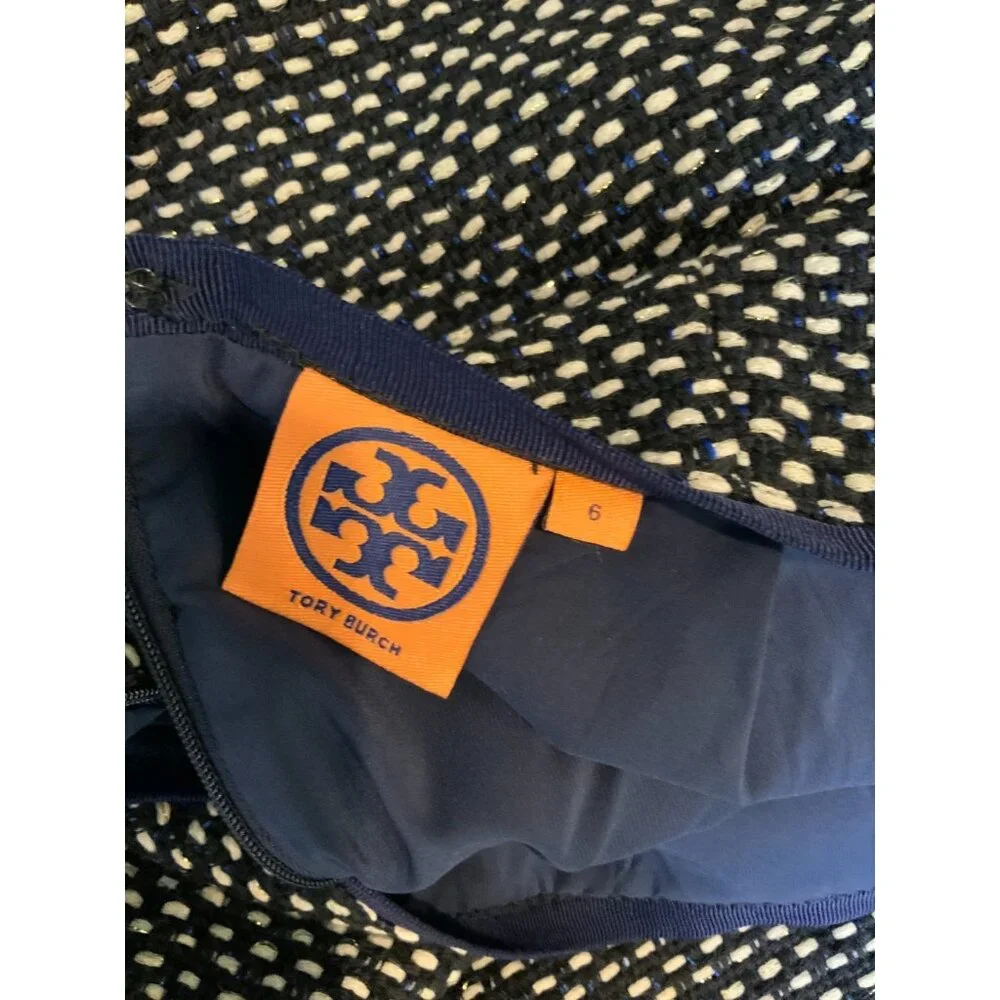 Tory Burch Navy Blue, White & Gold Metallic Tweed Pencil Skirt, Size 6